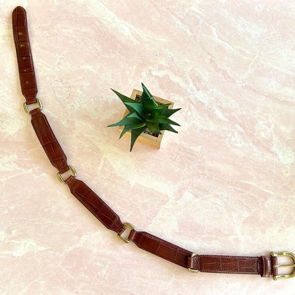 Vintage Fossil Genuine Leather Brown Croco Bridle Link Belt Sz S - Picture 3 of 13